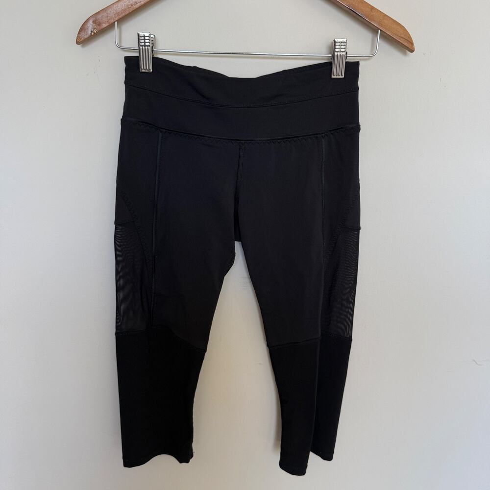 Lululemon Women Crop Leggings 4 Black Mesh Panel Cropped Workout Gym Yoga Active